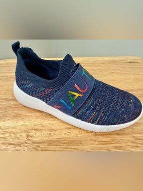Nautica Navy Knit Slip-On Sneaker with Rainbow Logo